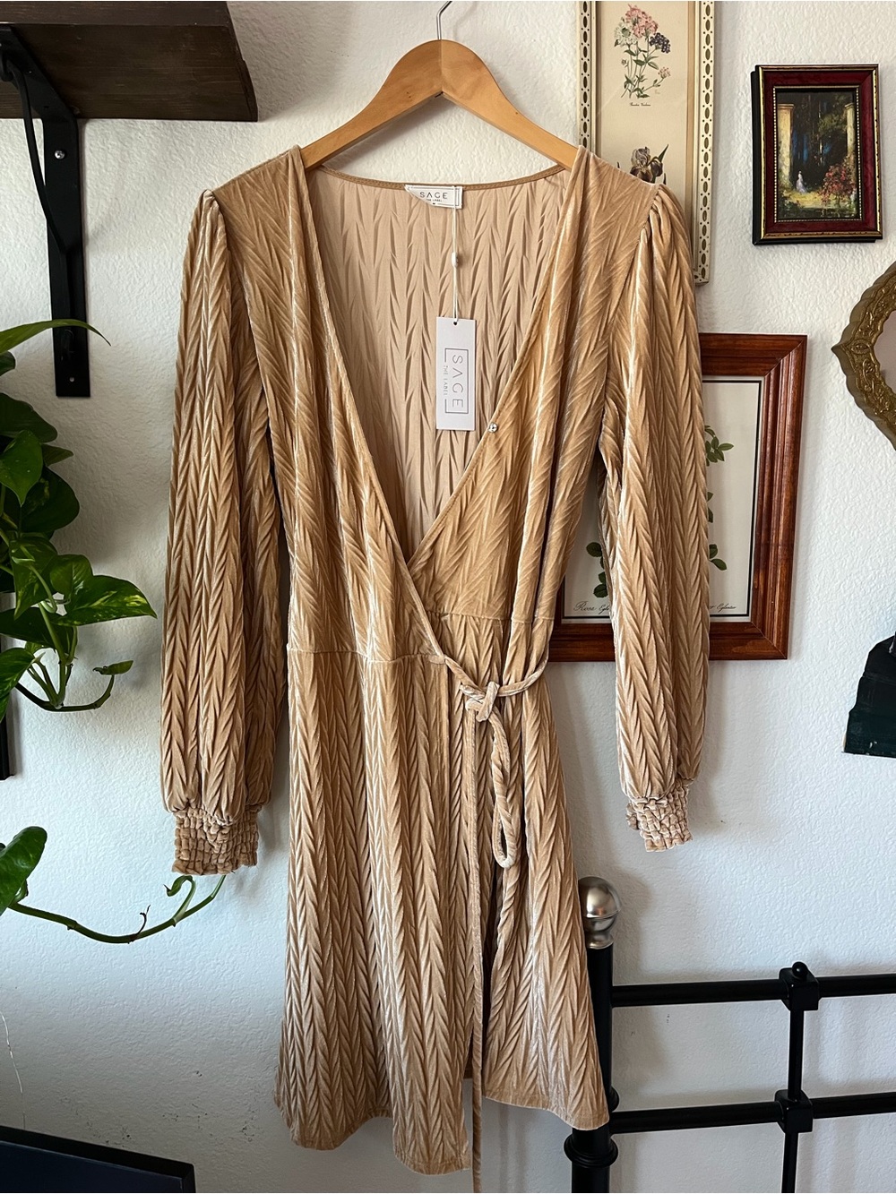 SAGE THE LABEL Textured Wrap Dress – Champagne/Blush - Plush Velour - Medium